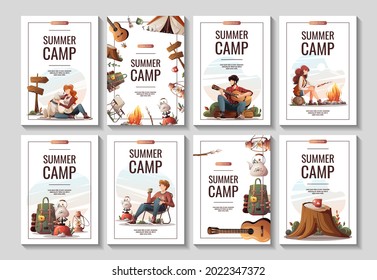 Set of promo flyers for summer camping, traveling, trip, hiking, camper, nature, journey, picnic. A4 vector illustration for poster, banner, flyer, cover, special offer, advertising.