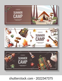 Set of promo flyers for summer camping, traveling, trip, hiking, camper, nature, journey, picnic. Vector illustration for poster, banner, flyer, cover, special offer, advertising.