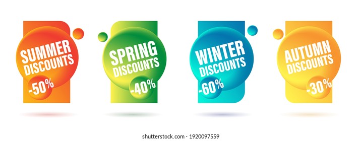 Set of promo labels or advertising tags for each seasonal discounts, full year of promotion, bright 3d circles on rectangular frame, isolated