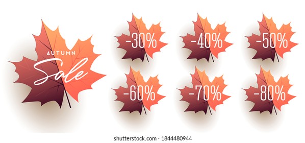 Set mit Werbemarken, HerbstblattbilderIllustration mit Verkaufsrabatten Prozent, isolierte, realistische Design-Werbung saisonales Element