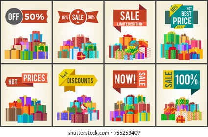 Set of promo posters with advertisement stickers informing about discounts and piles of present boxes full of surprises vector isolated on white