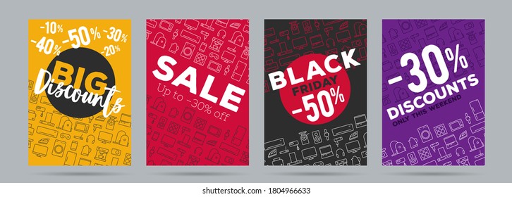 Set promo posters for electronics shop  black friday sale and discounts home  kitchen   smart electronics   gadjets and discount