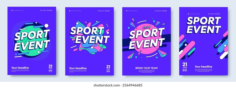 Set of promo posters for a sporting event or eSports. Sport event banner design, abstract colorful dynamic graphics, headline and place for text. Ideal for flyer, invitation. Vector illustration