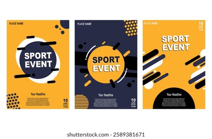 Set of promo posters for a sporting event or eSports. Sport event banner design, abstract colorful dynamic graphics, headline and place for text. Ideal for flyer, invitation. Vector illustration