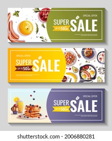 Set Of Promo Sale Banners For Breakfast Menu, Healthy Eating, Nutrition, Cooking, Fresh Food, Dessert, Diet, Pastry, Cuisine. Vector Illustration For Banner, Flyer, Cover, Advertising, Menu, Poster.