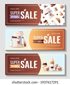 Set of promo sale banners for Coffee shop, Coffee house, cafe-bar, barista, drink. Vector illustration for poster, banner, flyer, advertising, commercial, promo, menu. 