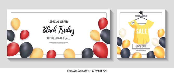 Set of promo sale flyers for Black friday. Shopping, Clothing store, Supermarket, Order online, Sale concept. Vector illustration for poster, banner, flyer, advertising, promo, commercial.