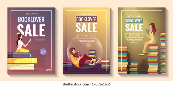 Set Of Promo Sale Flyers For Bookstore, Bookshop, Book Lovers, E-book Reader, E-library. Women And Piles Of Books. A4 Vector Illustration For Poster, Banner, Advertising, Special Offer, Flyer.