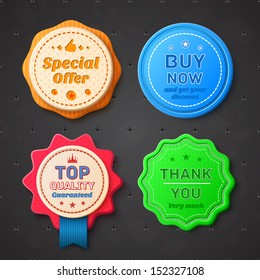 Set of promotion badges isolated on dark background with small stars. Vector illustration