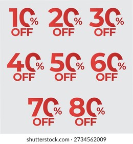 A set of Promotion banner icon designs. percent sticker set. sale, banner poster, and card. 10 percent off to 80 percent off. 