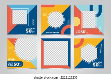 Set of  promotion banner template. Blue, yellow, Blue background color with aquare and circle. Suitable for social media, web ads and business digital.
