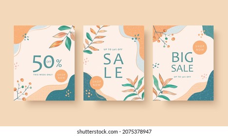 Set of promotion banners on orange background. Elegant boho sale and discount promo backgrounds with abstract botanical patterns.