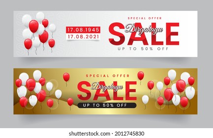 Set Promotion sale banner template design with white and gold background, up to 50% off. Indonesia independence day 17 August. Vector illustration