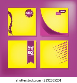 set of promotion square banners template in yellow color and purple, suitable for social media feed .