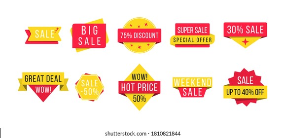 Set of promotional badges and sale tags, modern design for website and advertising. Big sale, new offer and best price, discount for promotional event banners. Vector illustration, eps 10.