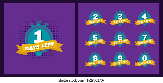 Set of Promotional banner with number of days left sign. Vector stock illustration on yellow background.