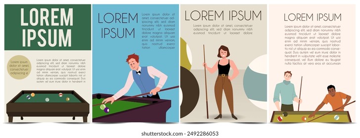 A set of promotional billiards-themed banners featuring individual and duo players engaged in the game. The illustrations depict modern, casual players in various poses around pool tables, ideal for