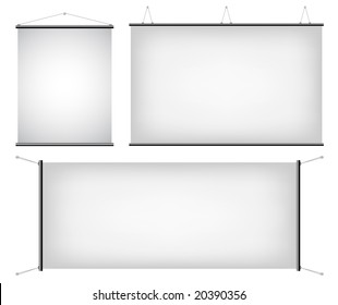 a set of promotional canvas banners hanging