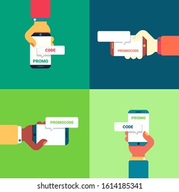 Set promotional codes in application for phones. male and female hand in suit hold smartphone. On screen device is inscription promo code. application for discounts and promotions.
