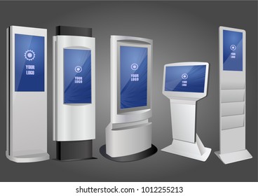 Set of Promotional Interactive Information Kiosk, Advertising Display, Terminal Stand, Touch Screen Display. Mock Up Template.