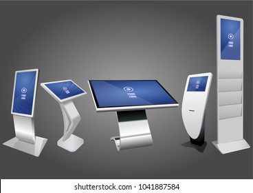 Set of Promotional Interactive Information Kiosk, Advertising Display, Terminal Stand, Touch Screen Display. Mock Up Template.