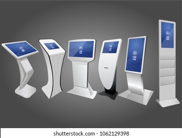 Set of Promotional Interactive Information Kiosk, Advertising Display, Terminal Stand, Touch Screen Display. Mock Up Template.