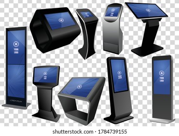 Set of Promotional Interactive Information Kiosk, Advertising Display, Terminal Stand, Touch Screen Display isolated on transparent background. Mock Up Template.