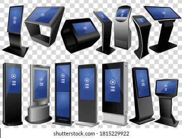 Set of Promotional Interactive Information Kiosk, Advertising Display, Terminal Stand, Touch Screen Display isolated on transparent background. Mock Up Template.