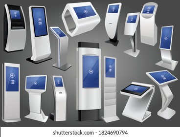 Set of Promotional Interactive Information Kiosk, Advertising Display, Terminal Stand, Touch Screen Display. Mock Up Template.
