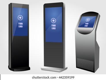 Set or Promotional Interactive Information Kiosk Terminal Stand Touch Screen Display. Mock Up Template.