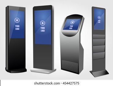 Set of  Promotional Interactive Information Kiosk, Advertising Display, Terminal Stand, Touch Screen Display. Mock Up Template.