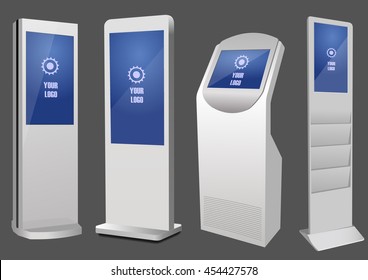 Set of  Promotional Interactive Information Kiosk, Advertising Display, Terminal Stand, Touch Screen Display. Mock Up Template.