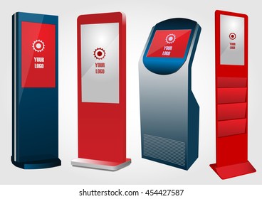 Set of  Promotional Interactive Information Kiosk, Advertising Display, Terminal Stand, Touch Screen Display. Mock Up Template.