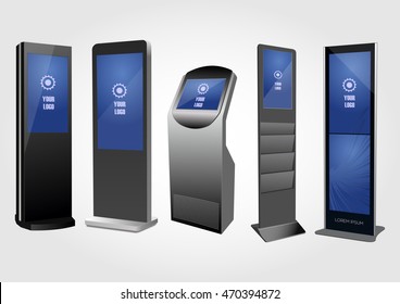 Set of Promotional Interactive Information Kiosk, Advertising Display, Terminal Stand, Touch Screen Display. Mock Up Template.