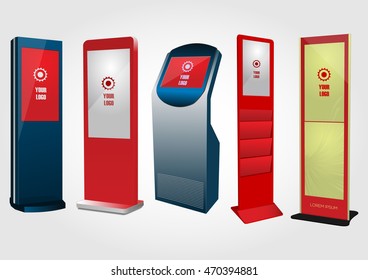 Set of Promotional Interactive Information Kiosk, Advertising Display, Terminal Stand, Touch Screen Display. Mock Up Template.