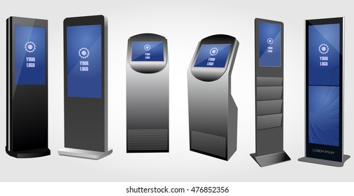 Set of Promotional Interactive Information Kiosk, Advertising Display, Terminal Stand, Touch Screen Display. Mock Up Template.