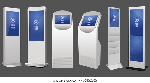 Set of Promotional Interactive Information Kiosk, Advertising Display, Terminal Stand, Touch Screen Display. Mock Up Template.