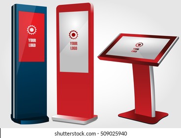 Set of Promotional Interactive Information Kiosk, Advertising Display, Terminal Stand, Touch Screen Display. Mock Up Template.