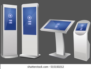 Set Of Promotional Interactive Information Kiosk, Advertising Display, Terminal Stand, Touch Screen Display. Mock Up Template.