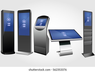 Set of Promotional Interactive Information Kiosk, Advertising Display, Terminal Stand, Touch Screen Display. Mock Up Template.