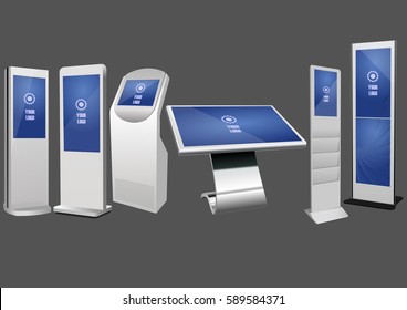 Set of Promotional Interactive Information Kiosk, Advertising Display, Terminal Stand, Touch Screen Display. Mock Up Template.