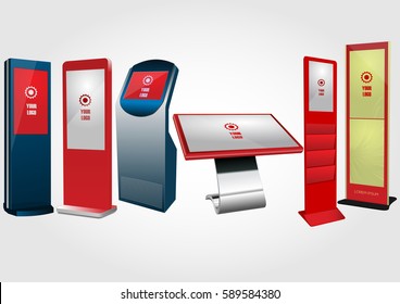 Set of Promotional Interactive Information Kiosk, Advertising Display, Terminal Stand, Touch Screen Display. Mock Up Template.