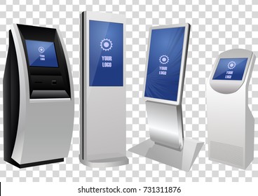 Set of Promotional Interactive Information Kiosk, Advertising Display, Terminal Stand, Touch Screen Display isolated on transparent background. Mock Up Template.