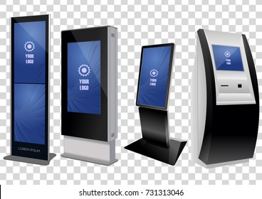 Set of Promotional Interactive Information Kiosk, Advertising Display, Terminal Stand, Touch Screen Display isolated on transparent background. Mock Up Template.