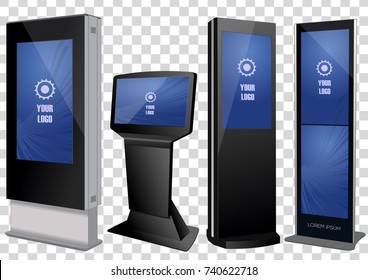 Set Of Promotional Interactive Information Kiosk, Advertising Display, Terminal Stand, Touch Screen Display. Mock Up Template.