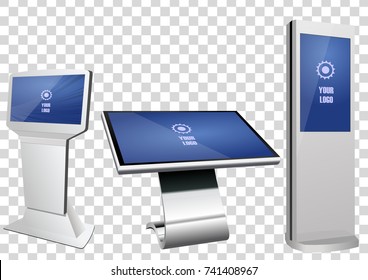 Set of Promotional Interactive Information Kiosk, Advertising Display, Terminal Stand, Touch Screen Display. Mock Up Template.