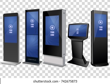 Set of Promotional Interactive Information Kiosk, Advertising Display, Terminal Stand, Touch Screen Display. Mock Up Template.