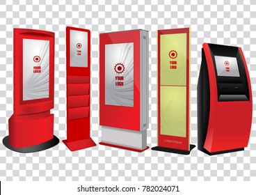 Set of Promotional Interactive Information Kiosk, Advertising Display, Terminal Stand, Touch Screen Display. Mock Up Template.