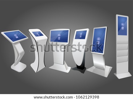 Set of Promotional Interactive Information Kiosk, Advertising Display, Terminal Stand, Touch Screen Display. Mock Up Template.