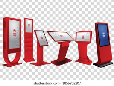 Set of  Promotional Interactive Information Kiosks, Advertising Displays, Terminal Stands, Touch Screen Displays isolated on transparent background. Mock Up Template.